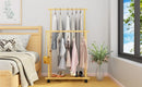Clothes Rail Rack Bamboo Double Hanging Clothes Organizer on Wheels Free Standing Garment Rack with Storage Shelves Coat Rack