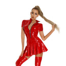 Womens Wet Look Clubwear Latex Dress Stand Collar Zipper Tight Bodycon Mini Dress Long Sleeve Patent Leather Ruffle Skirt Dress