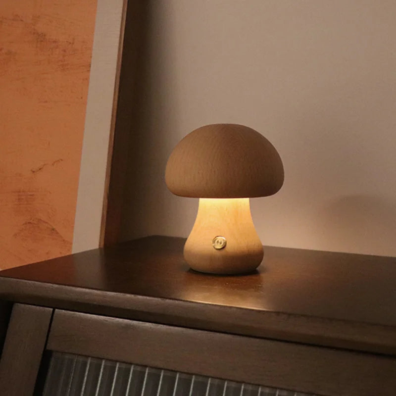 LED Mushroom Night Light with Touch Switch – Adjustable Wooden Bedside Lamp