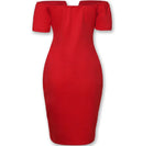 Lady V style off-the-shoulder fitted dress with a tight waist and a full skirt, a fitted evening gown for women.