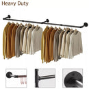 Industrial Pipe Clothing Rack Heavy Duty Detachable Wall Mounted Clothes Rack Black Iron Garment Bar Multi-purpose Hanging