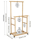 Clothes Rail Rack Bamboo Double Hanging Clothes Organizer on Wheels Free Standing Garment Rack with Storage Shelves Coat Rack