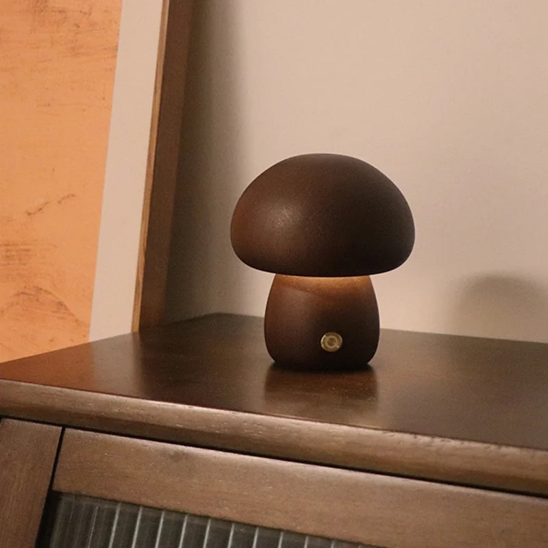 LED Mushroom Night Light with Touch Switch – Adjustable Wooden Bedside Lamp