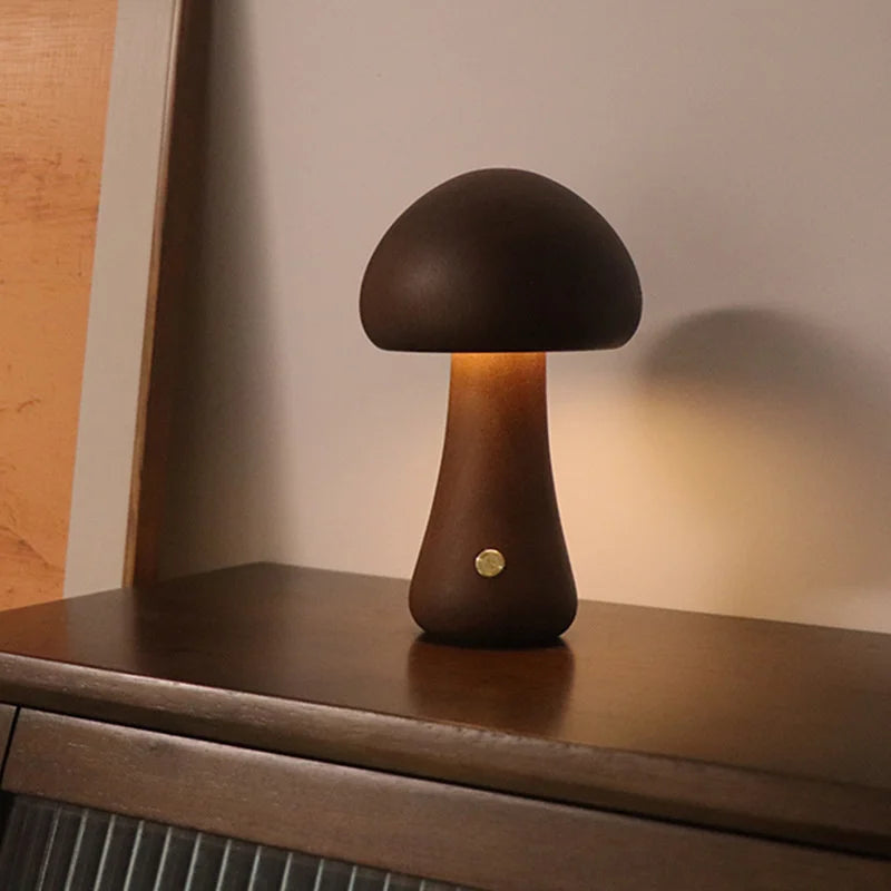 LED Mushroom Night Light with Touch Switch – Adjustable Wooden Bedside Lamp