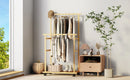 Clothes Rail Rack Bamboo Double Hanging Clothes Organizer on Wheels Free Standing Garment Rack with Storage Shelves Coat Rack