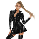 Womens Wet Look Clubwear Latex Dress Stand Collar Zipper Tight Bodycon Mini Dress Long Sleeve Patent Leather Ruffle Skirt Dress