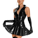 Womens Wet Look Clubwear Latex Dress Stand Collar Zipper Tight Bodycon Mini Dress Long Sleeve Patent Leather Ruffle Skirt Dress