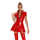 Womens Wet Look Clubwear Latex Dress Stand Collar Zipper Tight Bodycon Mini Dress Long Sleeve Patent Leather Ruffle Skirt Dress