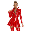 Womens Wet Look Clubwear Latex Dress Stand Collar Zipper Tight Bodycon Mini Dress Long Sleeve Patent Leather Ruffle Skirt Dress