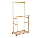 Clothes Rail Rack Bamboo Double Hanging Clothes Organizer on Wheels Free Standing Garment Rack with Storage Shelves Coat Rack
