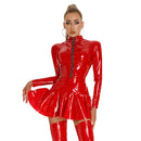 Womens Wet Look Clubwear Latex Dress Stand Collar Zipper Tight Bodycon Mini Dress Long Sleeve Patent Leather Ruffle Skirt Dress