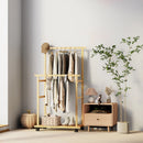 Clothes Rail Rack Bamboo Double Hanging Clothes Organizer on Wheels Free Standing Garment Rack with Storage Shelves Coat Rack