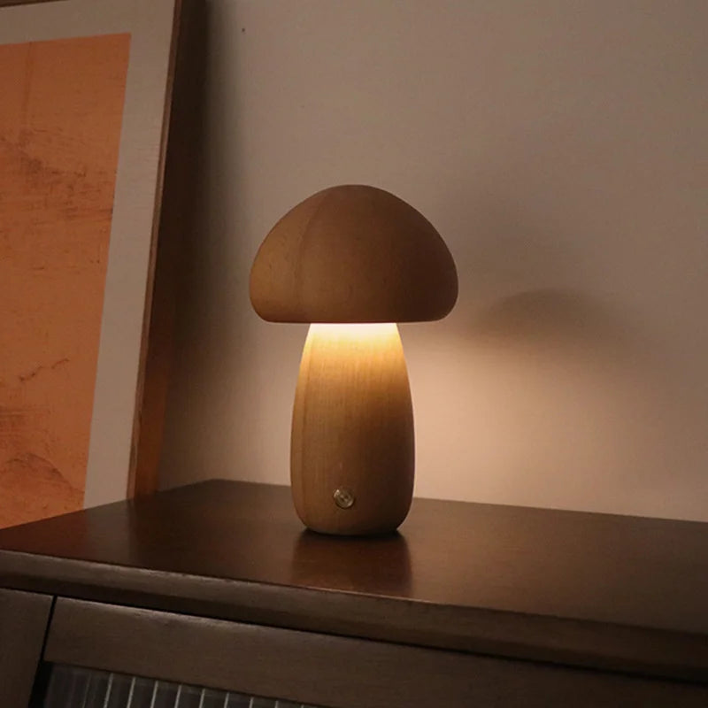 LED Mushroom Night Light with Touch Switch – Adjustable Wooden Bedside Lamp