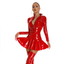 Womens Wet Look Clubwear Latex Dress Stand Collar Zipper Tight Bodycon Mini Dress Long Sleeve Patent Leather Ruffle Skirt Dress
